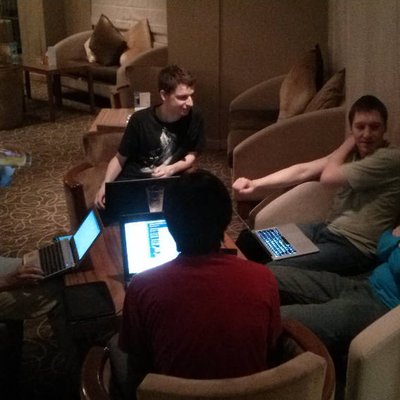 Core App developers hacking in the lobby after hours